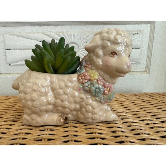 Vintage 60's Planter Pot Cute Sheep With Flower Collar Retro Kitsch - Picture 1 of 7